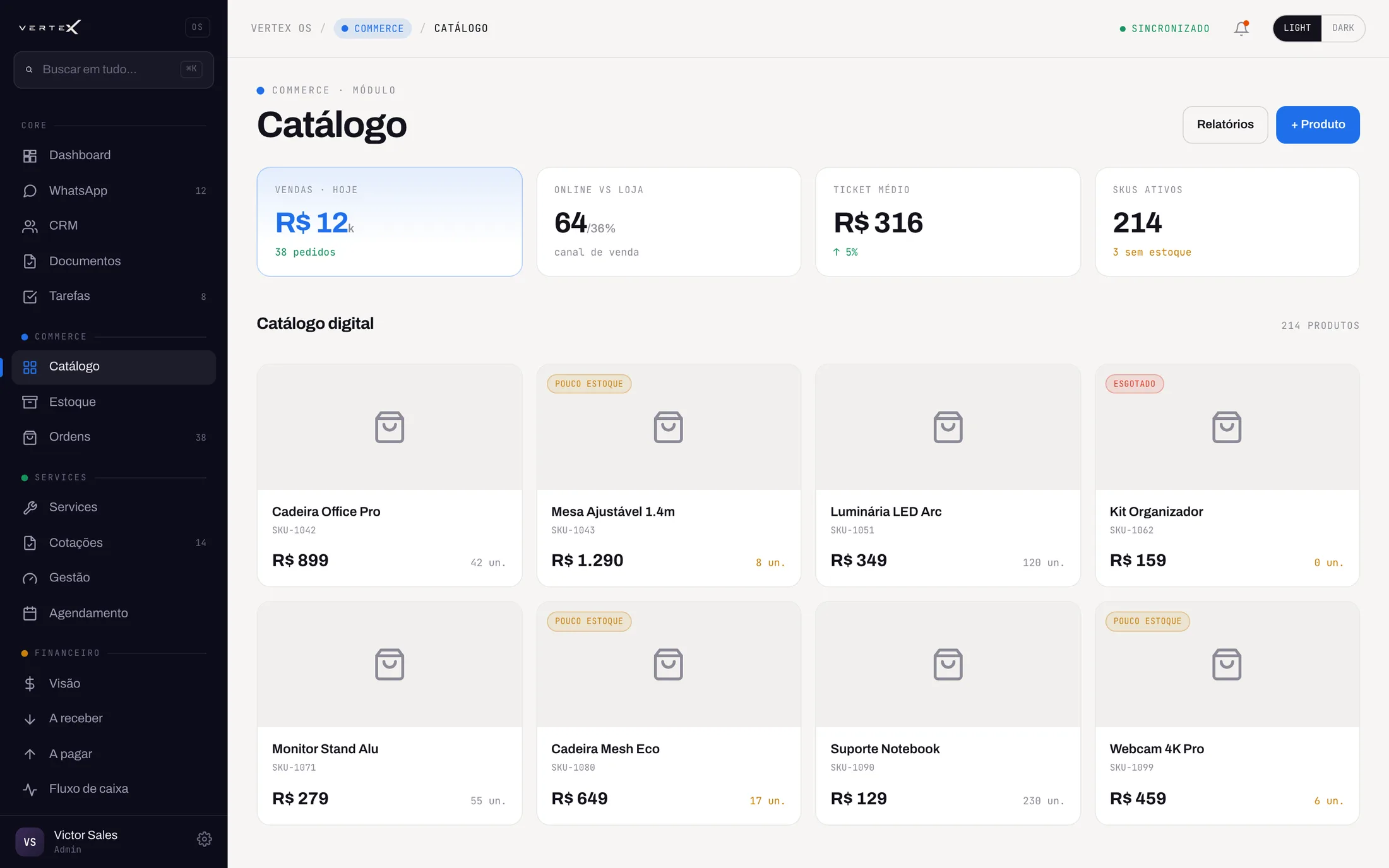 Tela de catálogo de produtos do módulo Commerce do VOS, com lista de itens, preço e saldo de estoque